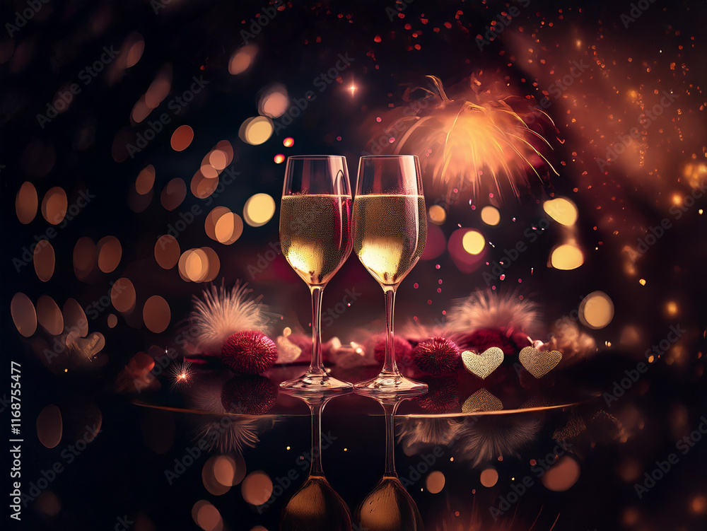 Poster two champagne flutes filled with sparkling wine sit on a dark reflective surface adorned with romant