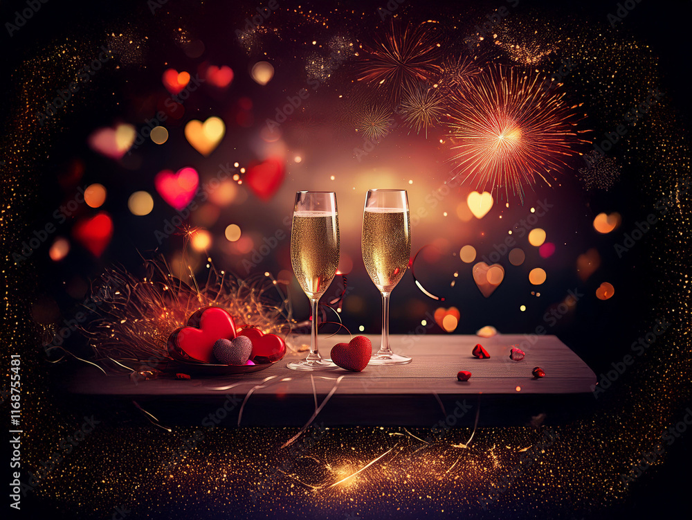 Aufkleber two champagne flutes stand on a table amidst a romantic setting. heart-shaped chocolates and sparkli