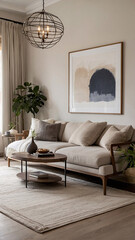 Timeless Beige Living Room Design with Classic Sofa Couch, Large Windows, and Cozy Atmosphere Home Decor