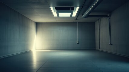 Fototapeta premium Empty industrial space with concrete walls and a single light source
