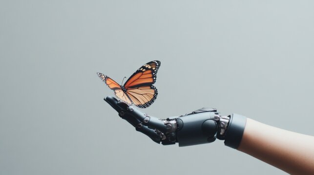 A robotic hand gently interacts with a monarch butterfly, symbolizing the harmony between technology and nature, and showcasing the humanization of advanced robotics.