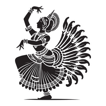 Bharatanatyam Silhouette Vector Illustration, Solid White Background.