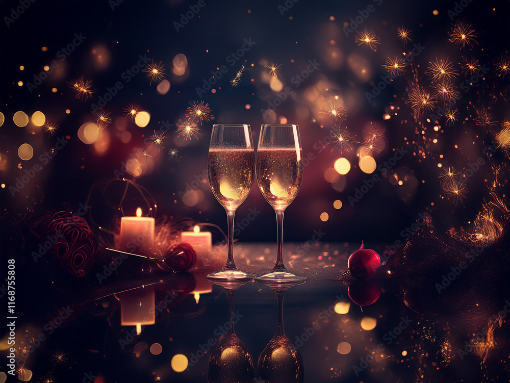 Poster two champagne flutes filled to the brim stand on a reflective surface, illuminated by warm candlelig