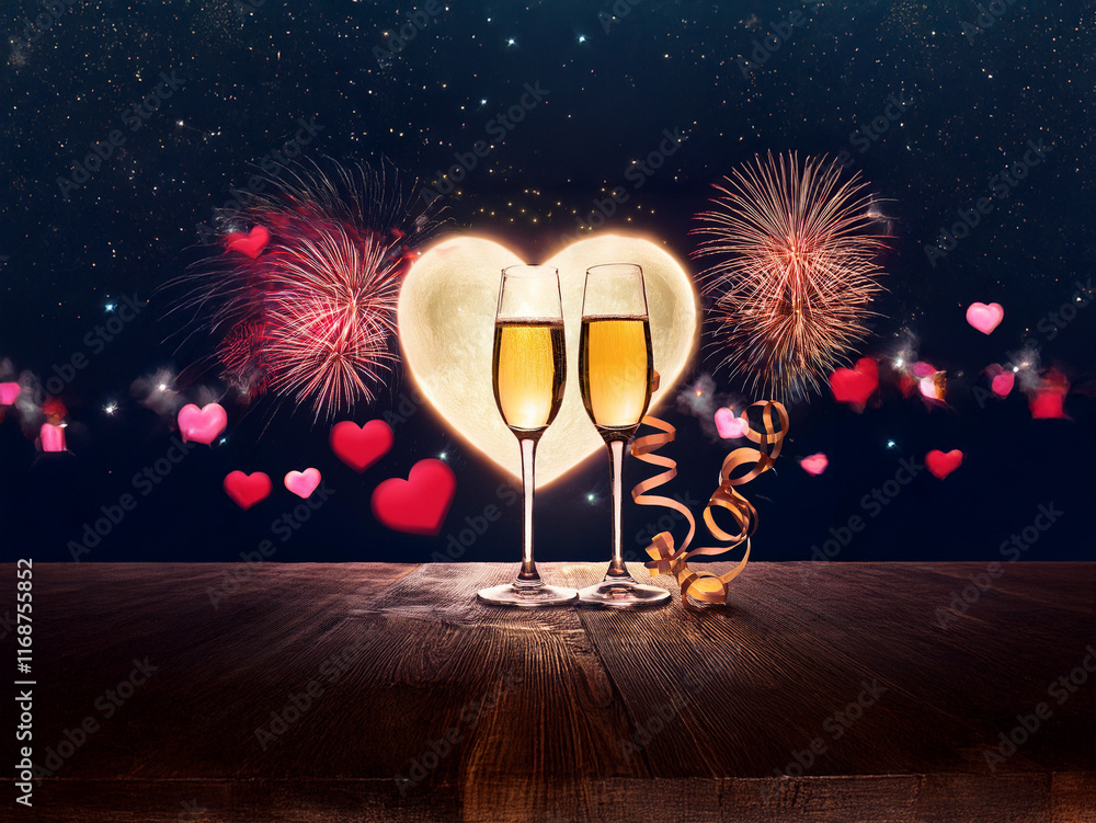 Poster two champagne flutes stand on a wooden surface before a heart-shaped moonlit backdrop, sparkling fir