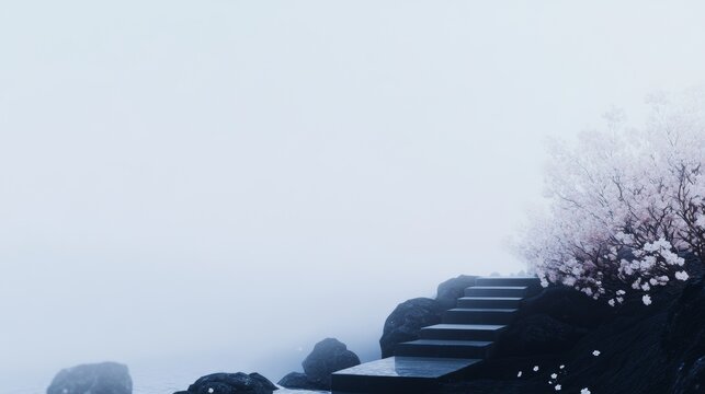 Abstract representation of agnostic theism with translucent crystals forming a stairway into glowing fog amidst surreal landscapes