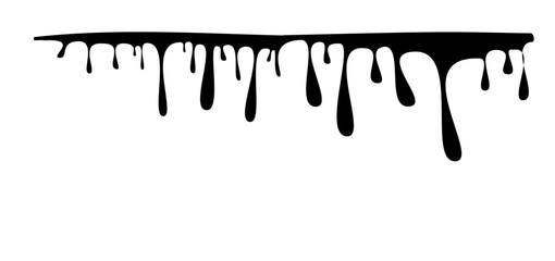 Dripping blood liquid, melt drips borders silhouette in black ink style. different dripping patterns for horror and spooky themes. Flowing liquid. Stencil drops. Chocolate drops. Oil drop