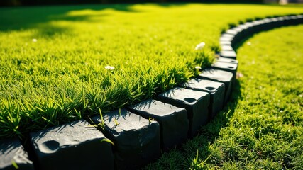 Fototapeta premium Vibrant Green Lawn with Dark Stone Edging, a Lush and Well-Maintained Landscape Detail