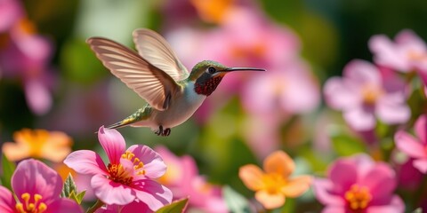 Naklejka premium A tiny hummingbird in flight hovers near vibrant pink blossoms in a garden, its iridescent feathers catching the sunlight.