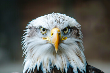 Obraz premium A fierce bald eagle with piercing yellow eyes and a sharp beak, posing against a blurred background.