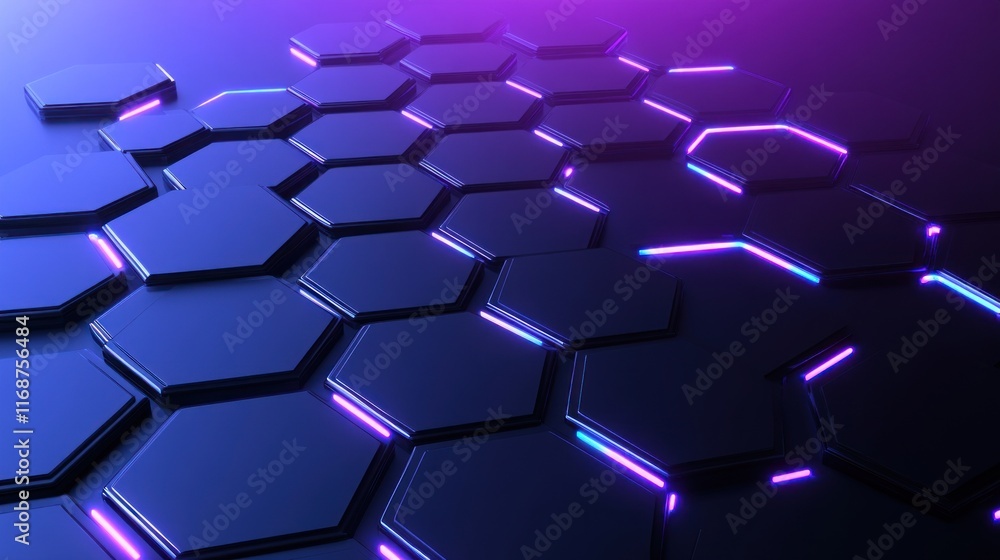 Poster abstract hexagonal design with glowing neon accents.