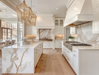 Fototapeta premium Elegant White Kitchen With Marble Island And Gold Accents