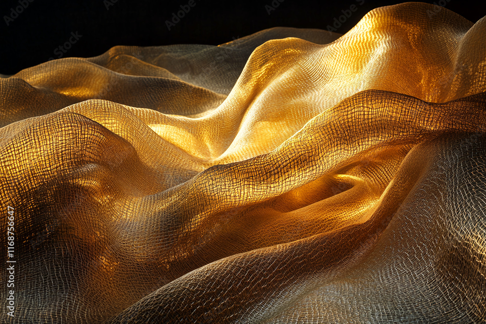 Poster Golden illuminated fabric texture with soft, flowing ripples and intricate weave.