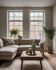 Warm Beige Living Room Featuring Classic Sofa Couch and Wide Windows for a Cozy and Bright Space Home Decor
