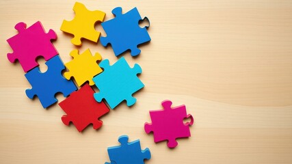 Naklejka premium Colorful Jigsaw Puzzle Pieces on Wooden Surface A Concept of Teamwork and Problem-Solving