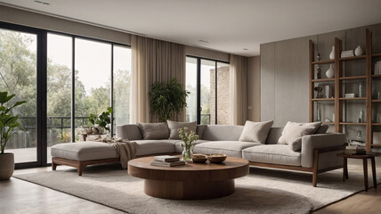 Beautiful Beige Living Room with Classic Sofa Couch and Expansive Windows Bringing Warmth and Light Home Decor