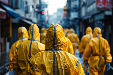 Obraz premium People in yellow hazmat suits walk through an empty street during a contamination control operation.