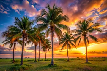 Fototapeta premium Florida Short Palm Trees: Scenic Sunset Over Lush Tropical Landscape