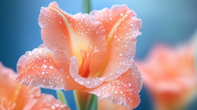 Beautiful orange gladiolus flower with dew drops glistening in the morning light in a serene garden setting. Generative AI