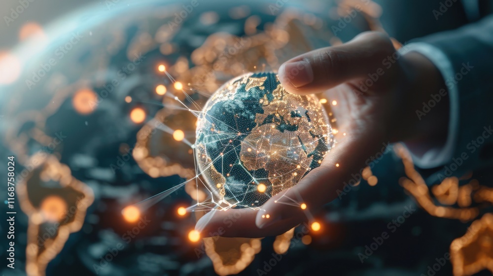 Poster businessman touching global network and data exchanges over the world 3d rendering