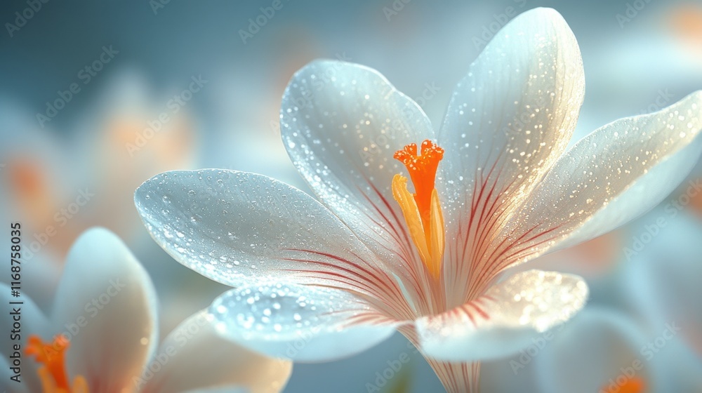 Poster Beautiful white flowers with droplets glowing in soft light surrounded by a serene atmosphere and hints of color. Generative AI