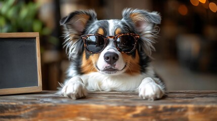Fototapeta premium Cool Aussie Shepherd Dog Posing Chicly Indoors Photo. AI Generated