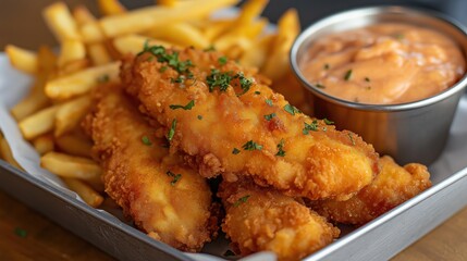 Crispy Fried Chicken Strips Served with Dipping Sauce and Golden French Fries, a Perfect Comfort Meal

