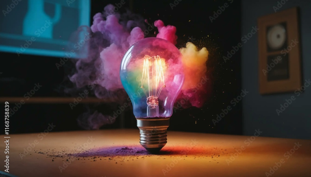 Poster a lightbulb explodes with vibrant, colorful smoke, creating a dynamic and artistic image. perfect fo