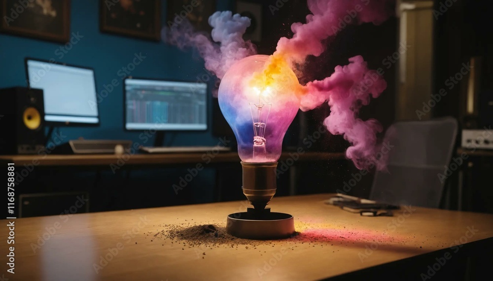 Poster a lightbulb explodes with colorful smoke in a creative studio setting. the image is vibrant and full