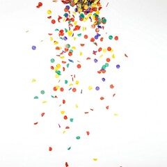 Buntes Konfetti f&auml;llt von oben herab vor wei&szlig;em Hintergrund