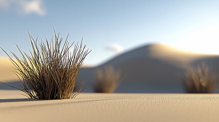 Dry grass in a desert landscape under a clear sky.