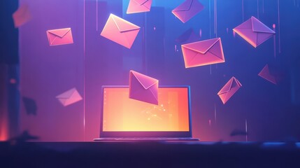 Digital Communication. Floating Email Icons Surrounding a Laptop in an Abstract Illustration