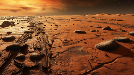 Mars surface with rocky formations and dramatic sunset lighting under starry sky