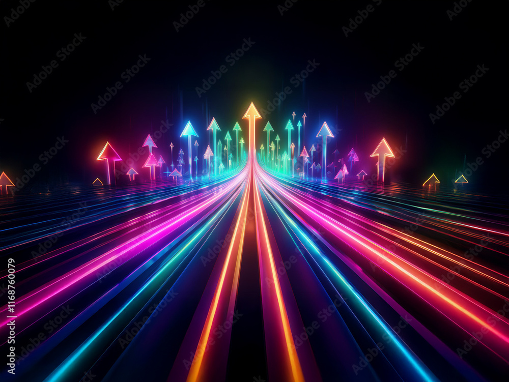 Poster vibrant neon arrows ascend a radiant, glowing highway leading to prosperity and success. the path is