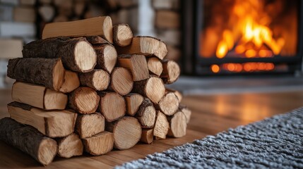Pile of Firewood Stacked Near a Cozy Fireplace in a Rustic Home Setting