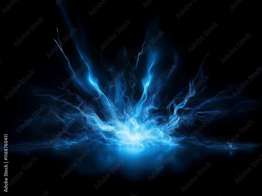Poster A vibrant blue energy burst explodes from a central point, radiating outwards against a stark black background.  The light is intense, creating a dynamic and powerful visual.
