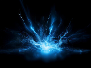 A vibrant blue energy burst explodes from a central point, radiating outwards against a stark black background. The light is intense, creating a dynamic and powerful visual.