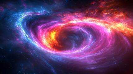 A vibrant, swirling nebula in space with contrasting colors of blue, red, and orange.