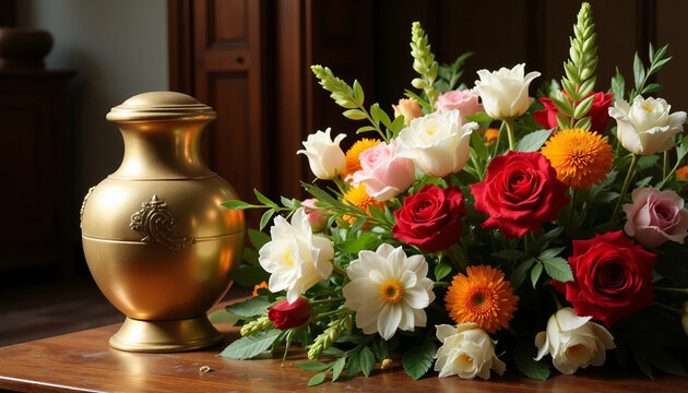Funeral cremation urn with flowers during final farewell ceremony