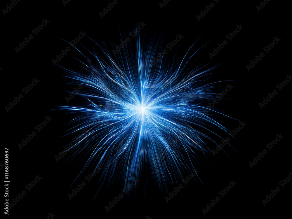 Poster intricate blue light radiating outwards from a central point, resembling a burst of energy or a cele