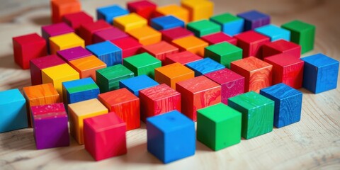 Obraz premium A vibrant collection of colorful wooden blocks arranged in a playful pattern on a light wood surface.