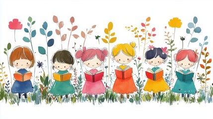 Fototapeta premium Children reading joyfully in a colorful garden with whimsical flowers