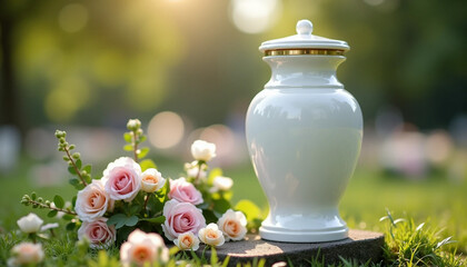 White ceramic cremation urn with flowers in cemetery setting