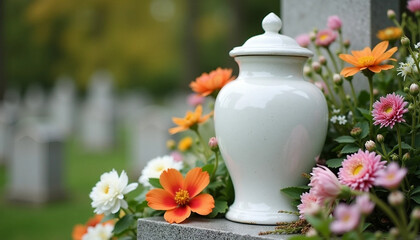 Fototapeta premium White ceramic cremation urn with flowers in cemetery setting