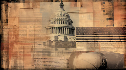 Vintage-style collage featuring the U.S. Capitol building with newspaper clippings and American flag