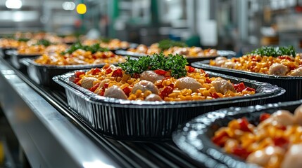 Fototapeta premium Prepared meals on a conveyor belt in a food production facility.