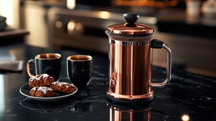 Elegant copper french press and cups on marble kitchen countertop for coffee enthusiasts