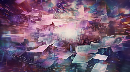 Dynamic abstract scene of swirling papers with colorful lights and motion effects