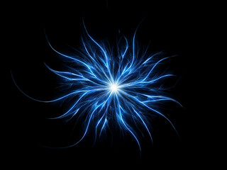 A mesmerizing blue fractal flower blossoms in the dark, its glowing tendrils radiating outward.  Intricate, luminous, and ethereal, it evokes a sense of cosmic wonder.