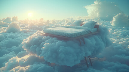 Surreal Dreamscape of Floating Bed in the Clouds with Ladder on a Sunny Day