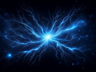 A mesmerizing burst of blue energy, resembling a nebula or celestial event, radiates outwards, creating a vibrant and ethereal display against a dark backdrop.